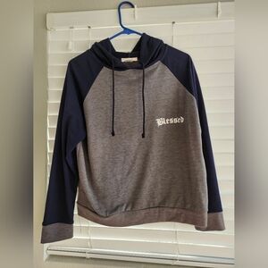 Navy and Grey Blessed Cropped Hoodie M